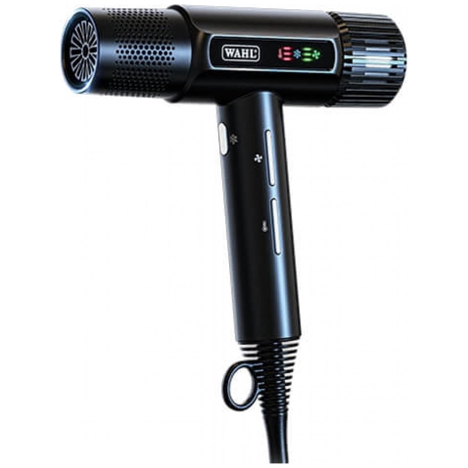A black Wahl hair dryer is shown. It has a long handle, buttons, and a nozzle with a fan. The cord has a loop at the end.