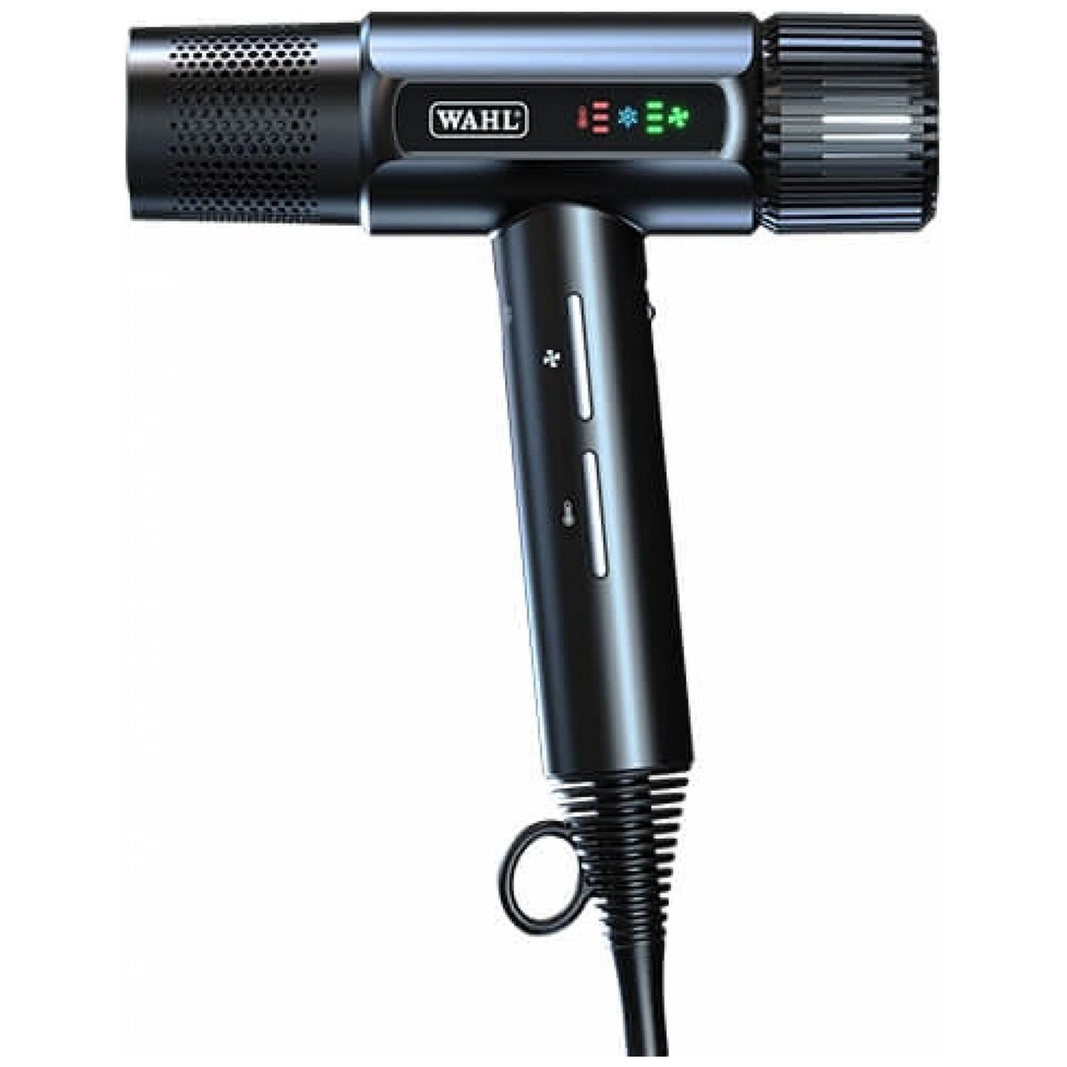 Black Wahl hair dryer. It has a nozzle, handle with buttons, and a power cord with a loop at the end. The dryer is on a white background.