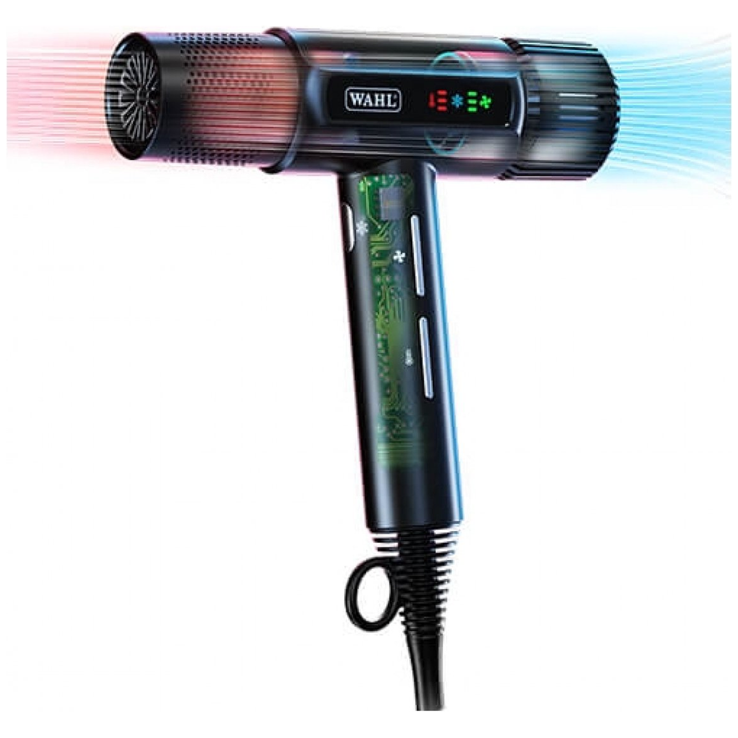 Black and silver Wahl hair dryer. Red and blue air streams are visible. The handle has a green circuit board design.