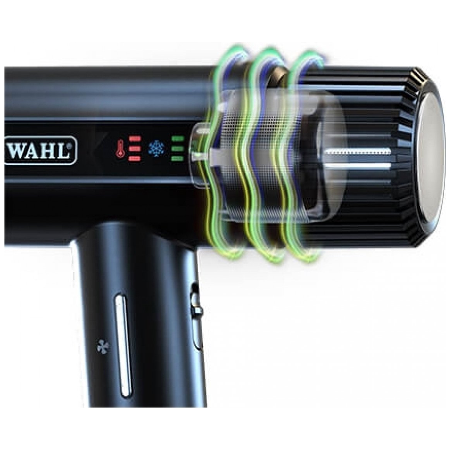 Black hair dryer with digital display showing heat and cool settings. Green and blue air flow effect is visible.