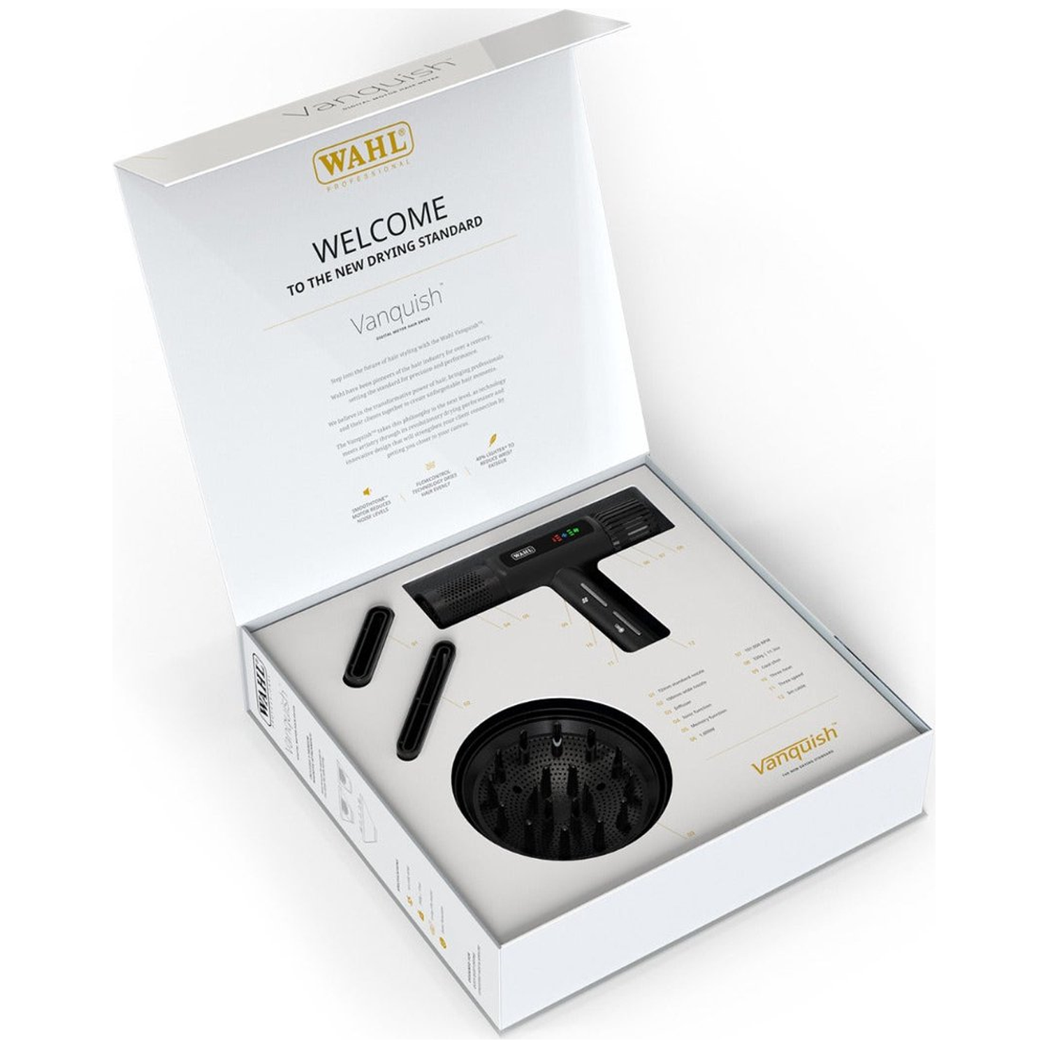 Open box with a black hair dryer, accessories, and promotional text. The box is white with the brand name 'WAHL' visible.