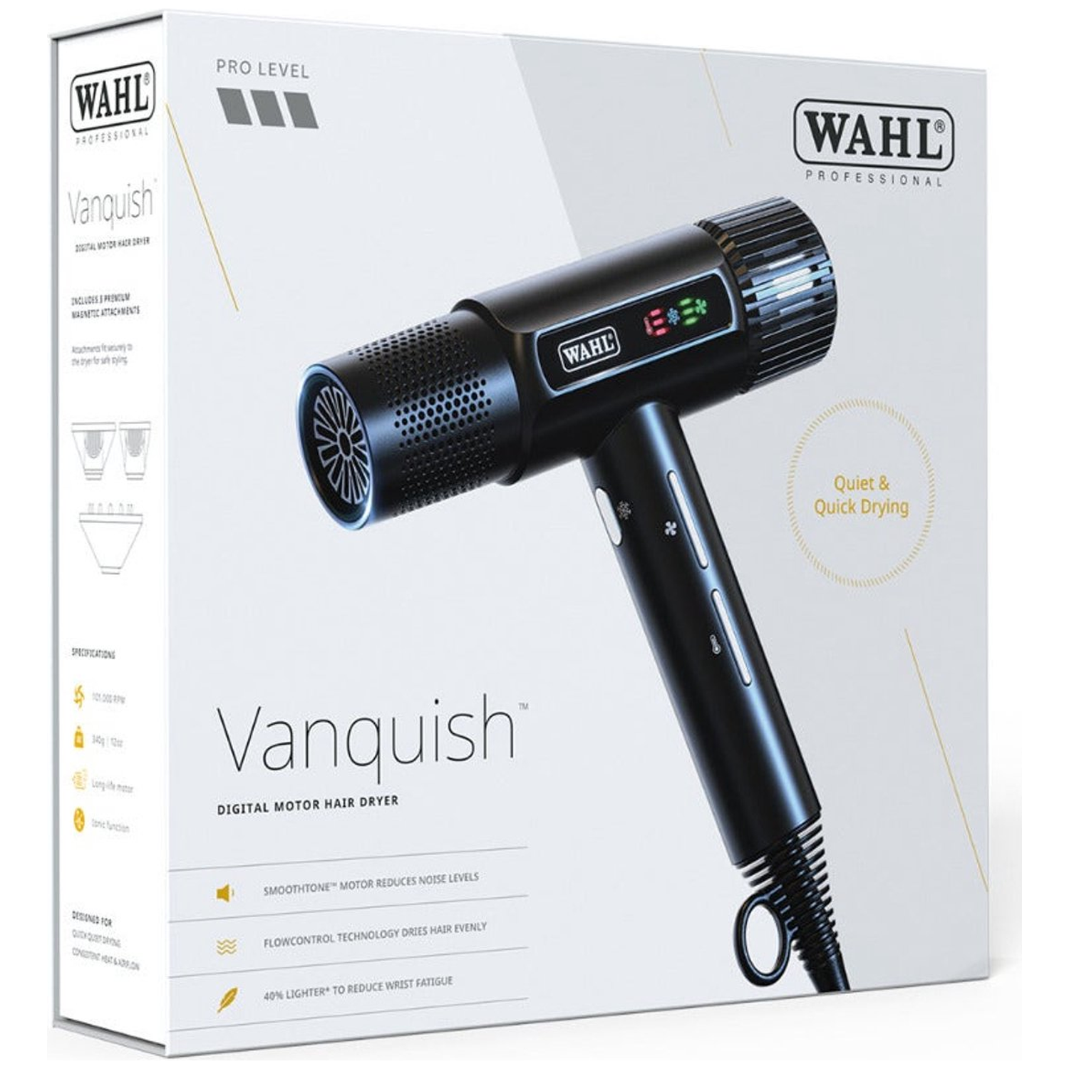 A black Wahl Vanquish hair dryer is on a white box. The box has text and a logo. The dryer is angled to the right.