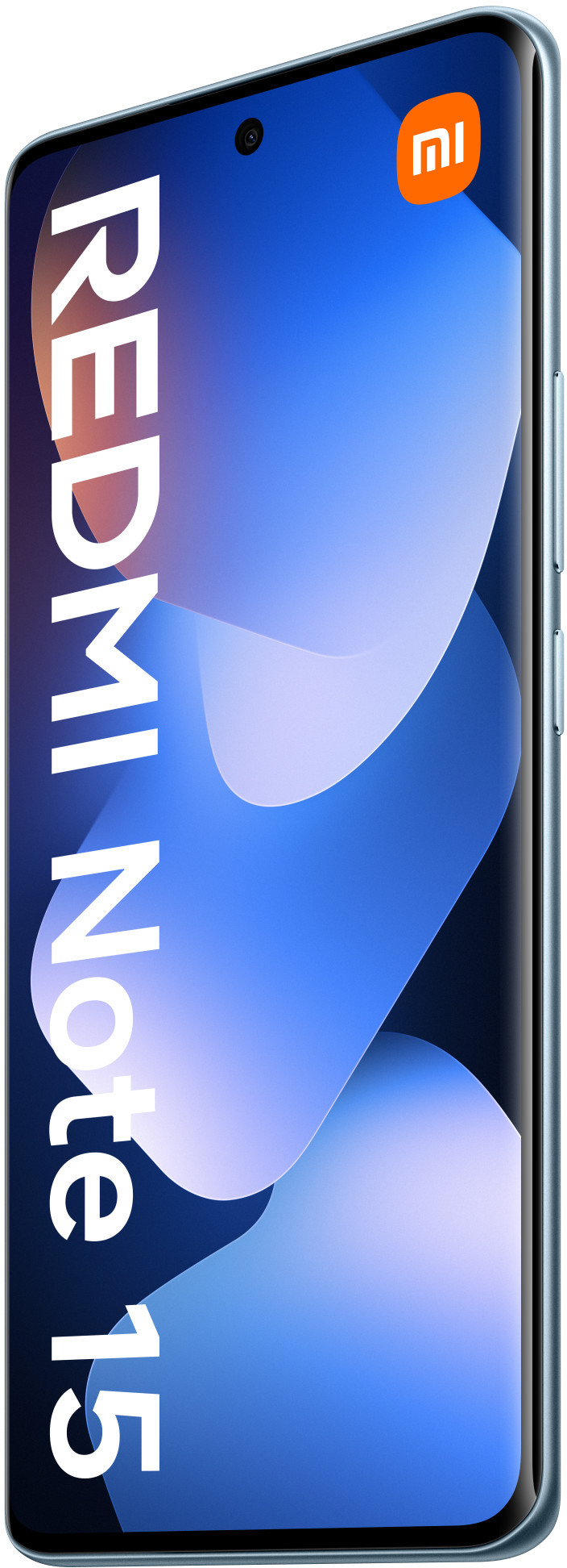 Smartfon Redmi Note 15, niebieski ekran z białym tekstem i pomarańczowym logo Mi. Telefon jest pod kątem.