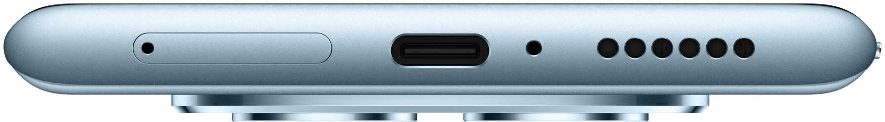 Dolna krawędź jasnoniebieskiego telefonu. Zawiera gniazdo SIM, port USB-C i otwory głośnikowe.