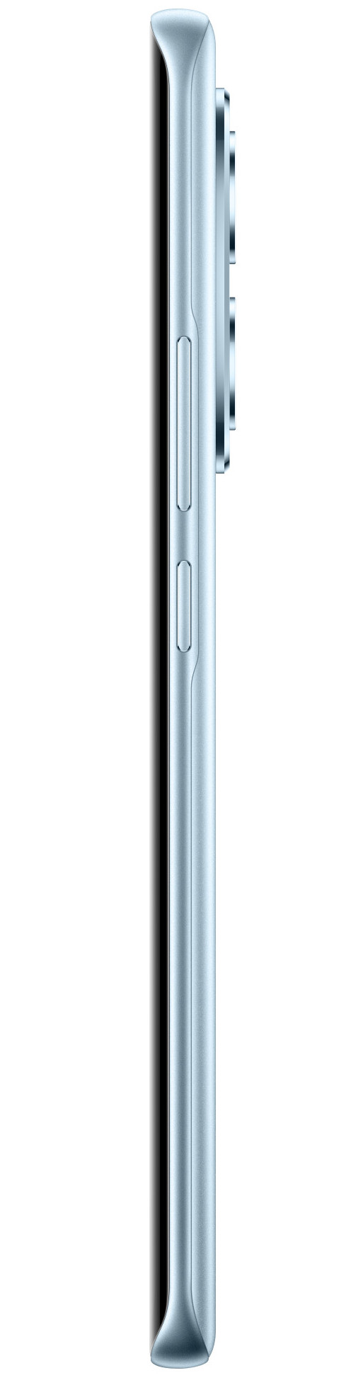 Widok z boku jasnoniebieskiego smartfona. Widoczne przyciski głośności i zasilania. Czarny cień po lewej.