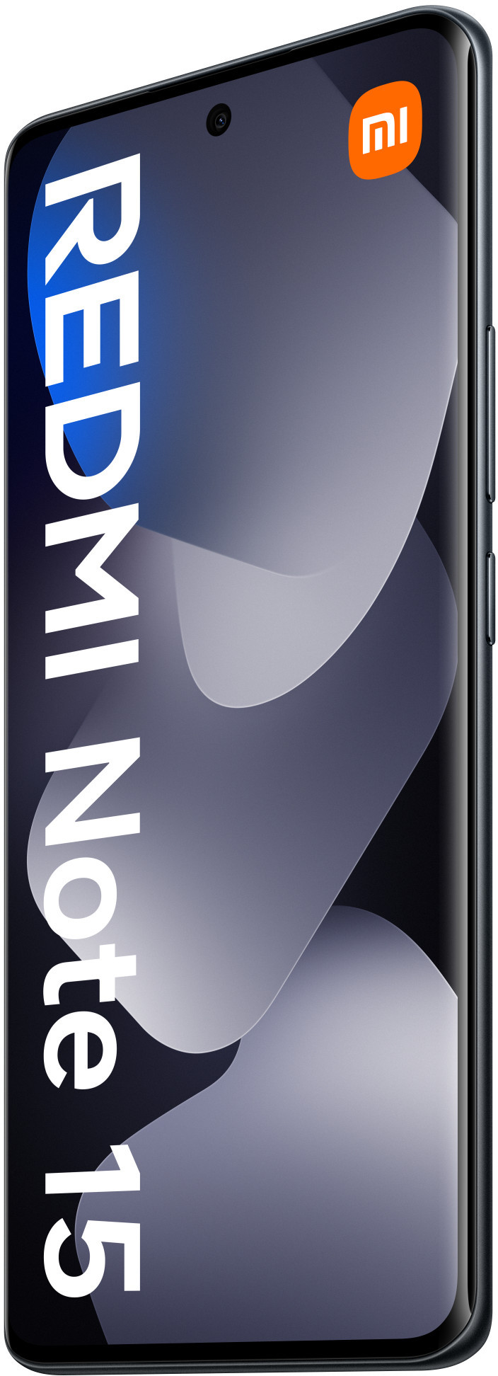 Smartfon ze słowami Redmi Note 15 na ekranie. Posiada aparat i logo Xiaomi.