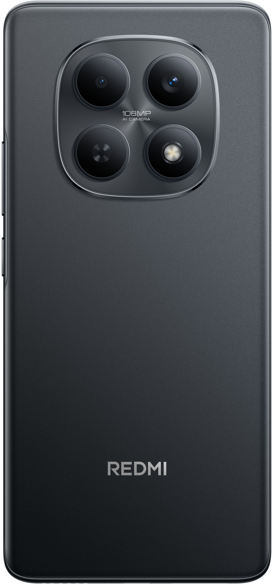 Czarny tył smartfona. Okrągły moduł kamery z czterema obiektywami. Tekst '108MP AI CAMERA'. Logo 'REDMI' na dole.