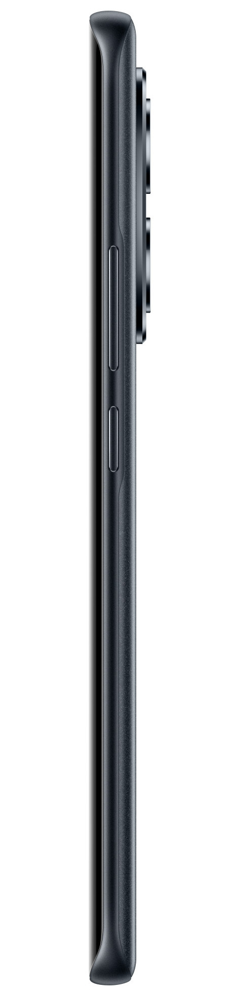 Widok z boku czarnego smartfona z przyciskami. Tło jest białe.