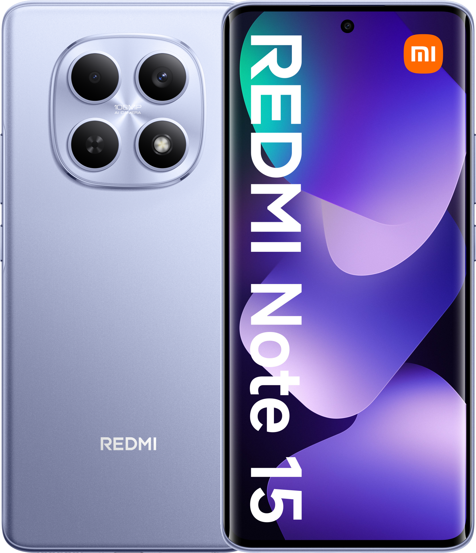 Telefon Redmi Note 15. Ma fioletowy tył z obiektywami aparatu i ekran z napisem 'Redmi Note 15'.