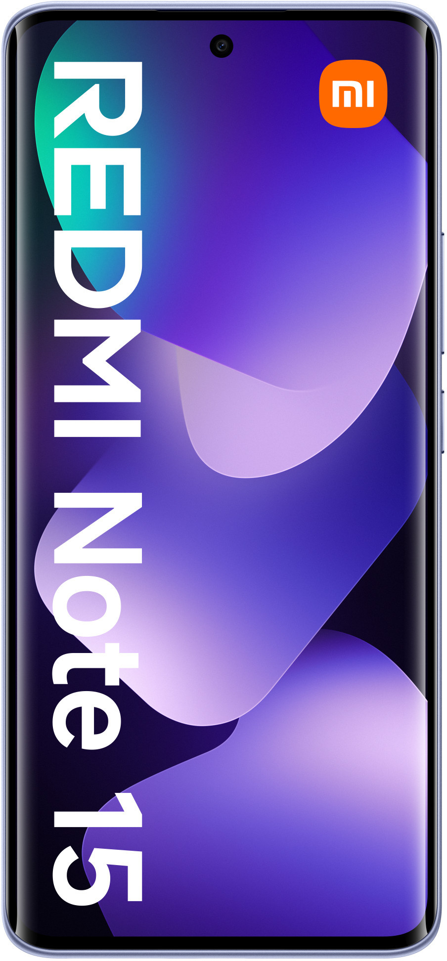 Ekran smartfona wyświetla logo Redmi Note 15. Tło to gradient fioletu i błękitu z logo Xiaomi.