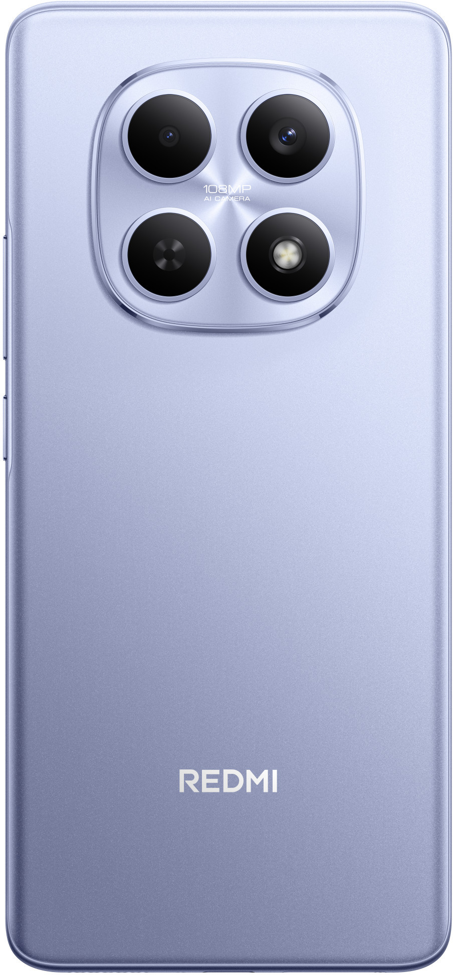 Tył fioletowego telefonu Redmi. Ma cztery aparaty i logo Redmi.