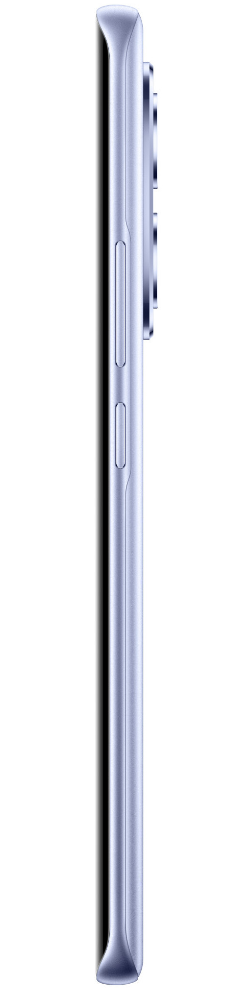 Widok z boku niebieskiego smartfona. Widoczne są przyciski zasilania i głośności. Tło jest białe.