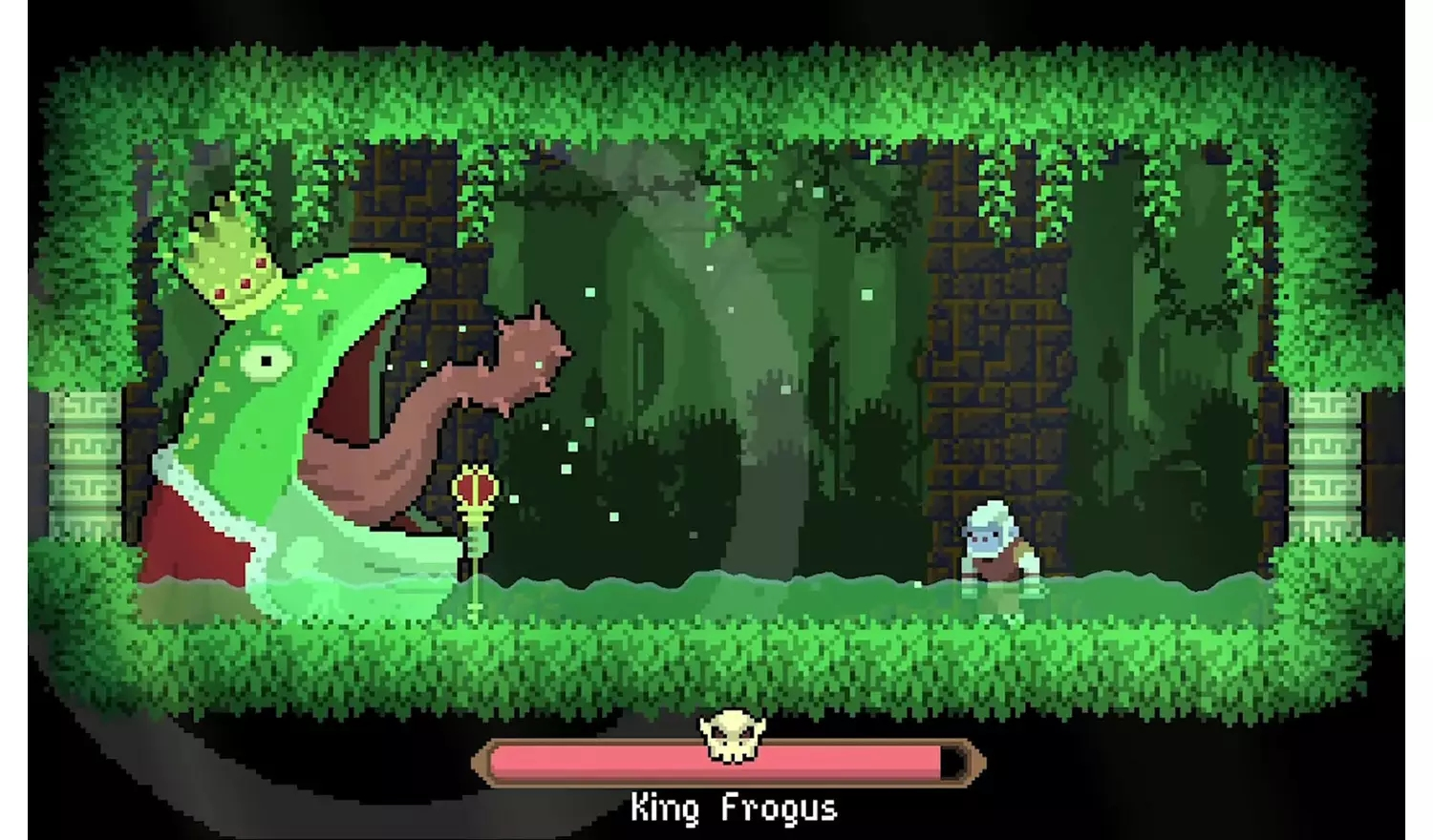 Escena de arte pixelado de un rey rana con corona y cetro, frente a un personaje. El fondo es un entorno forestal verde.