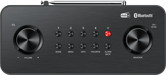 Radio nera con pulsanti per volume, preimpostazioni e navigazione. Con DAB+, Bluetooth e un pulsante di accensione.