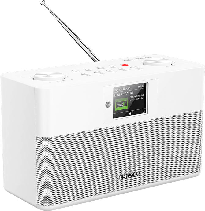 Radio digitale Kenwood bianca. Dispone di schermo con Klassik Radio e antenna. Presenta pulsanti e manopole.