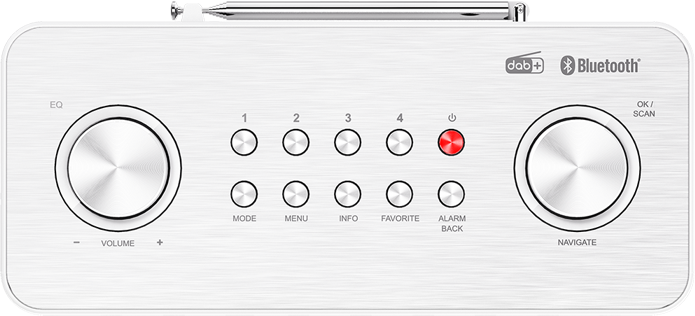 Radio bianca con finitura metallica. Pulsanti per volume, navigazione e canali preimpostati. Loghi DAB+ e Bluetooth visibili.