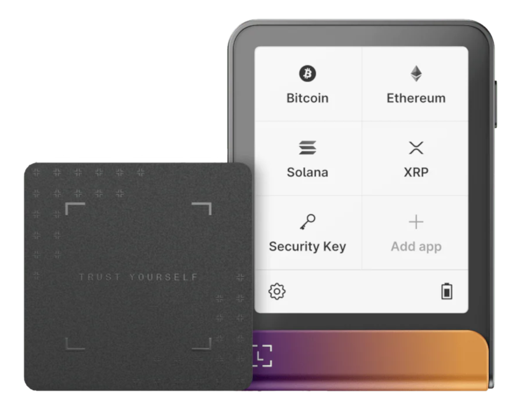 Un portafoglio hardware crittografico nero e uno schermo che mostra opzioni crittografiche come Bitcoin, Ethereum, Solana e XRP.