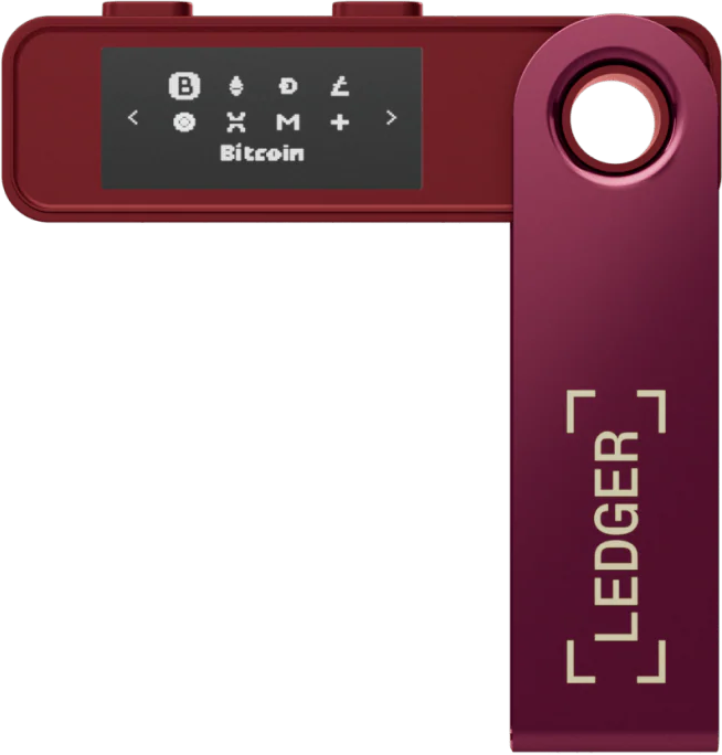 Un portefeuille matériel Ledger rouge. L'écran affiche des symboles crypto. Le logo Ledger est à droite. Fond noir.