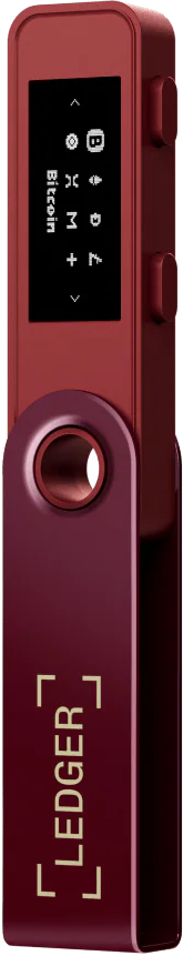 Un portefeuille matériel crypto Ledger Nano S rouge. Il a un écran affichant des symboles. Le mot 'Ledger' est imprimé dessus.