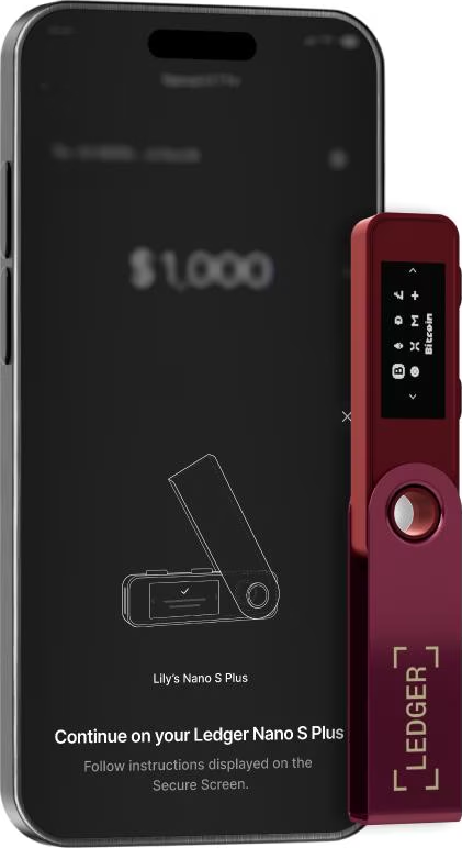 Un téléphone affiche 1 000 $, connecté à un Ledger Nano S Plus rouge. L'écran affiche des instructions. Le Ledger a un écran et des boutons.