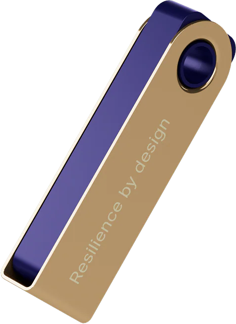 Ein gold-blaues rechteckiges Gerät mit abgerundeten Ecken, auf dem 'Resilience by design' steht.