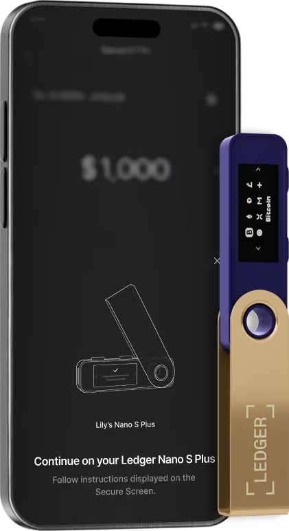 Ein Telefon zeigt eine Transaktion von 1.000 $. Daneben befindet sich ein blaues und goldenes Ledger Nano S Plus. Der Bildschirm zeigt Bitcoin-Infos.