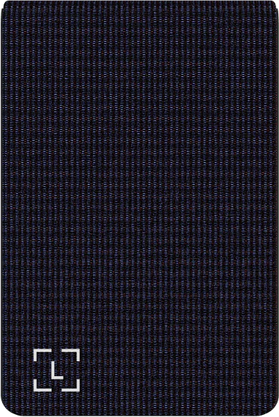 Ein dunkelblaues Webmuster. Vertikale Linien dominieren die Textur. Ein weißes quadratisches Symbol befindet sich unten links.