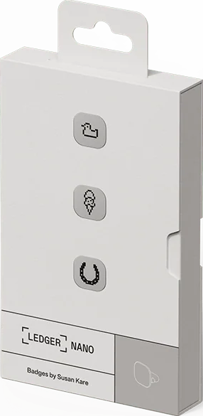 Weiße Schachtel mit Enten-, Eiscreme- und Hufeisen-Symbolen. Es steht Ledger Nano und Badges by Susan Kare.