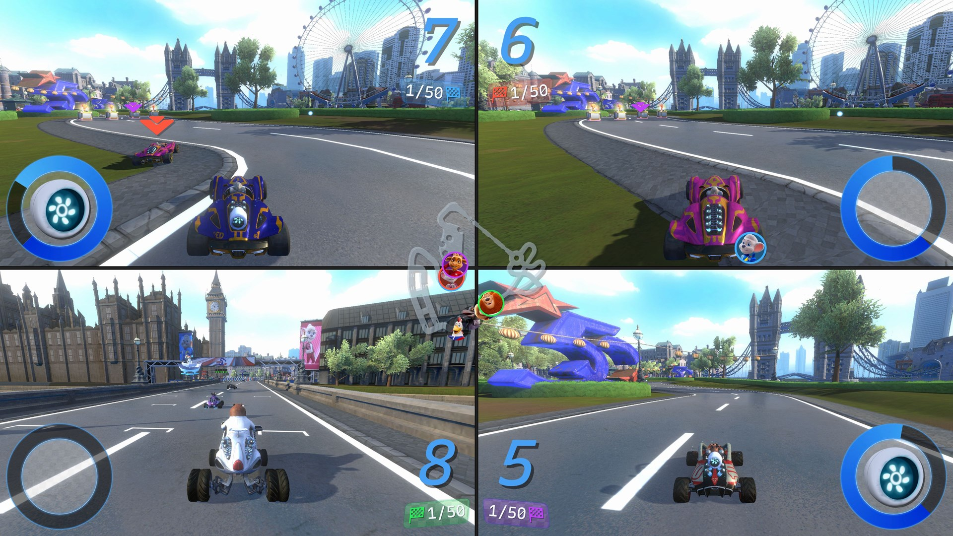 Vier Kart-Rennszenen. Londoner Wahrzeichen sind im Hintergrund. Karts rasen auf einer Rennstrecke. Jede Szene zeigt eine andere Ansicht.