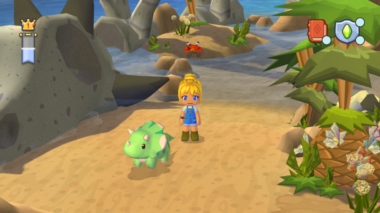 Une scène de plage de dessin animé avec une fille, un petit dinosaure vert et un crabe rouge. Des palmiers et des rochers en arrière-plan.