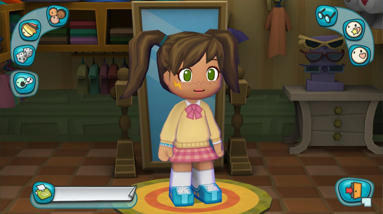 Une fille de dessin animé avec des couettes se tient dans une boutique. Elle porte un pull jaune, une jupe rose et des chaussures bleues. Un miroir et des vêtements sont derrière elle.