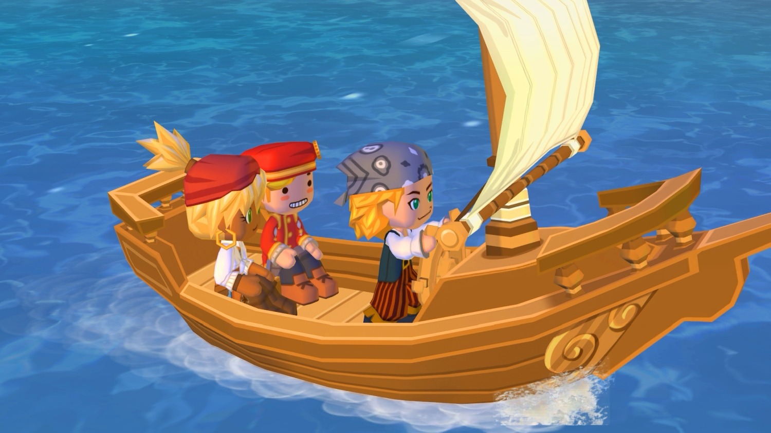 Un bateau pirate de dessin animé navigue sur l'eau bleue. Trois pirates sont à bord. L'un barre, les autres sont assis. La voile est levée.