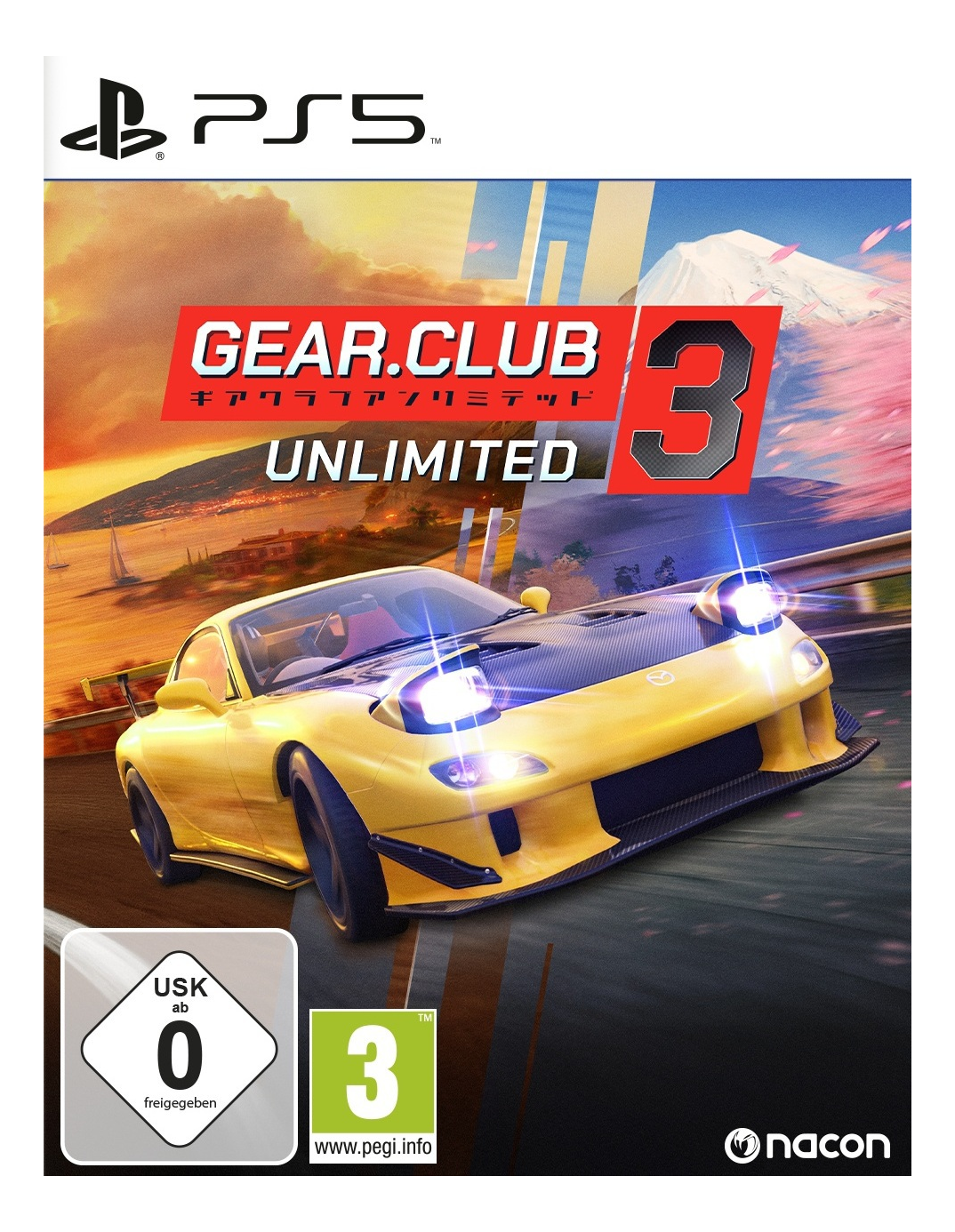 Spielcover von Gear.Club 3 Unlimited. Ein gelber Sportwagen fährt auf einer Rennstrecke. Das PS5-Logo befindet sich oben.