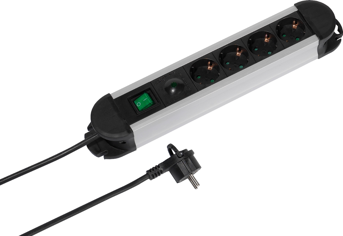 Eine Steckdosenleiste mit fünf Steckdosen, einem grünen Ein-/Ausschalter und einem schwarzen Stecker.