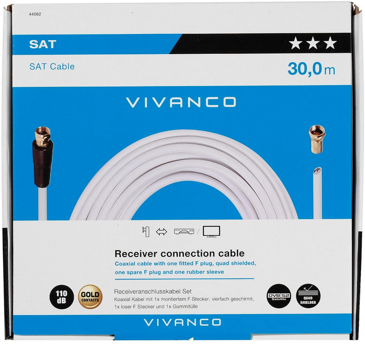 Verpacktes SAT-Kabel. Weißes Kabel mit Anschlüssen. Text enthält: SAT, VIVANCO, 30,0 m, Receiver-Anschlusskabel, Goldkontakte, quad geschirmt.