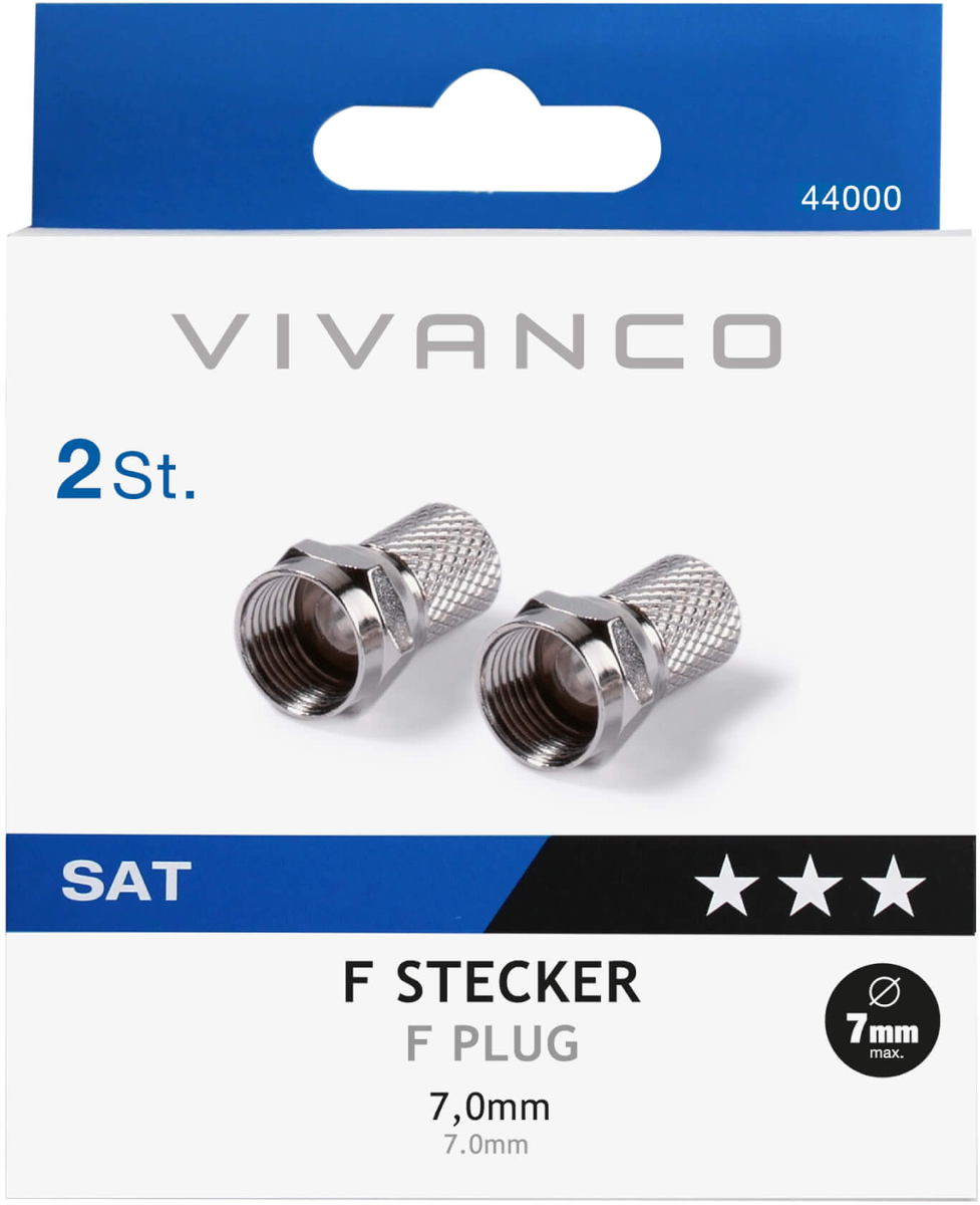 Das Bild zeigt eine Packung mit zwei F-Steckern. Die Verpackung enthält Text und Logos, darunter 'VIVANCO', 'SAT' und '7mm max'.