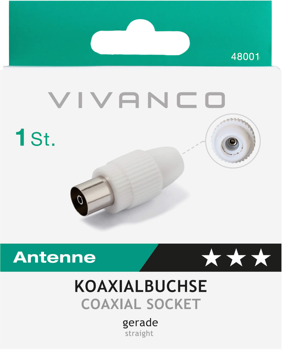 Ein weißer Koaxialstecker wird auf der Verpackung angezeigt. Die Verpackung hat eine grüne Oberseite mit Vivanco-Branding und dem Text 'Antenne'.
