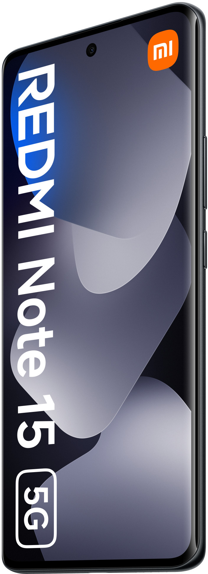 Wyświetlany jest smartfon Redmi Note 15 5G z ciemnym ekranem, białym tekstem i pomarańczowym logo.