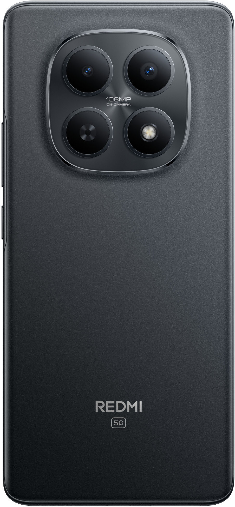 Czarny tył smartfona z dużym modułem kamery zawierającym cztery obiektywy. Widoczne logo Redmi i 5G.