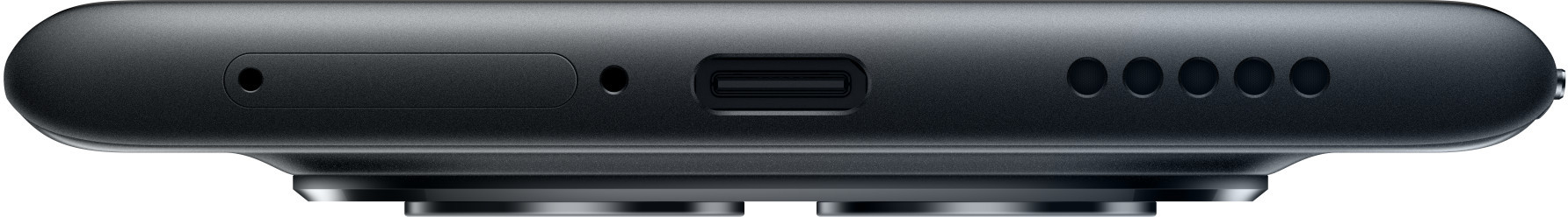 Zbliżenie dolnej krawędzi czarnego telefonu. Ma tacę SIM, mikrofon, port USB-C, otwory głośnika i zakrzywioną podstawę.