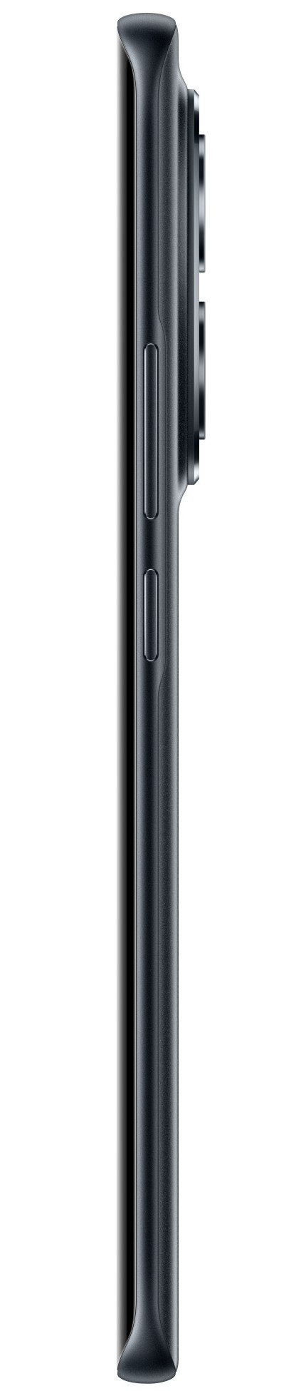 Widok z boku ciemnoszarego smartfona. Widoczne przyciski zasilania i głośności. Obiektywy aparatu u góry. Białe tło.