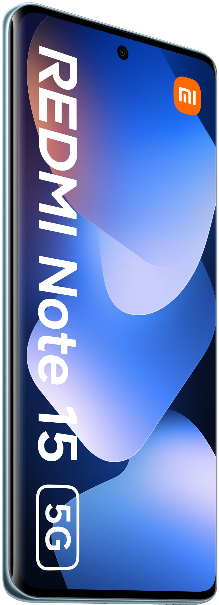 Smartfon z niebieskim ekranem wyświetla tekst Redmi Note 15 5G. Logo Xiaomi znajduje się w prawym górnym rogu.