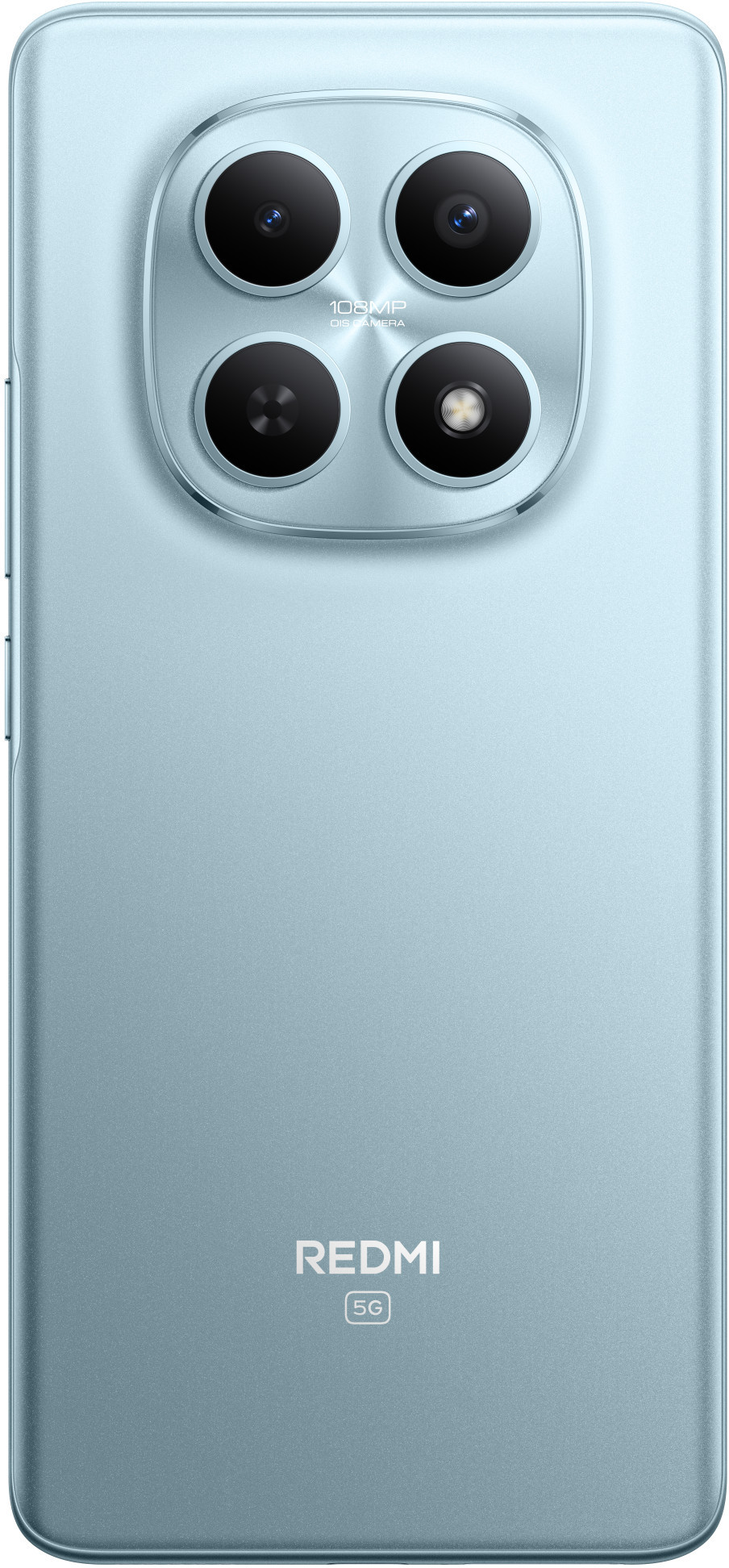 Jasnoniebieski tył smartfona z czterema obiektywami. Widoczne logo Redmi i oznaczenie 5G.
