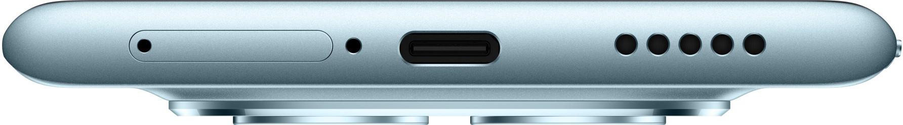 Dolna krawędź jasnoniebieskiego telefonu. Zawiera gniazdo SIM, port ładowania i kilka małych otworów.