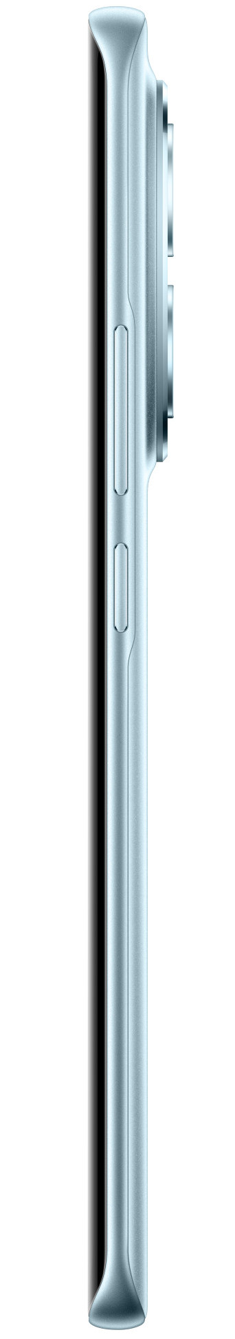 Widok z boku jasnoniebieskiego smartfona z przyciskami głośności i zasilania. Czarny wyświetlacz po lewej.