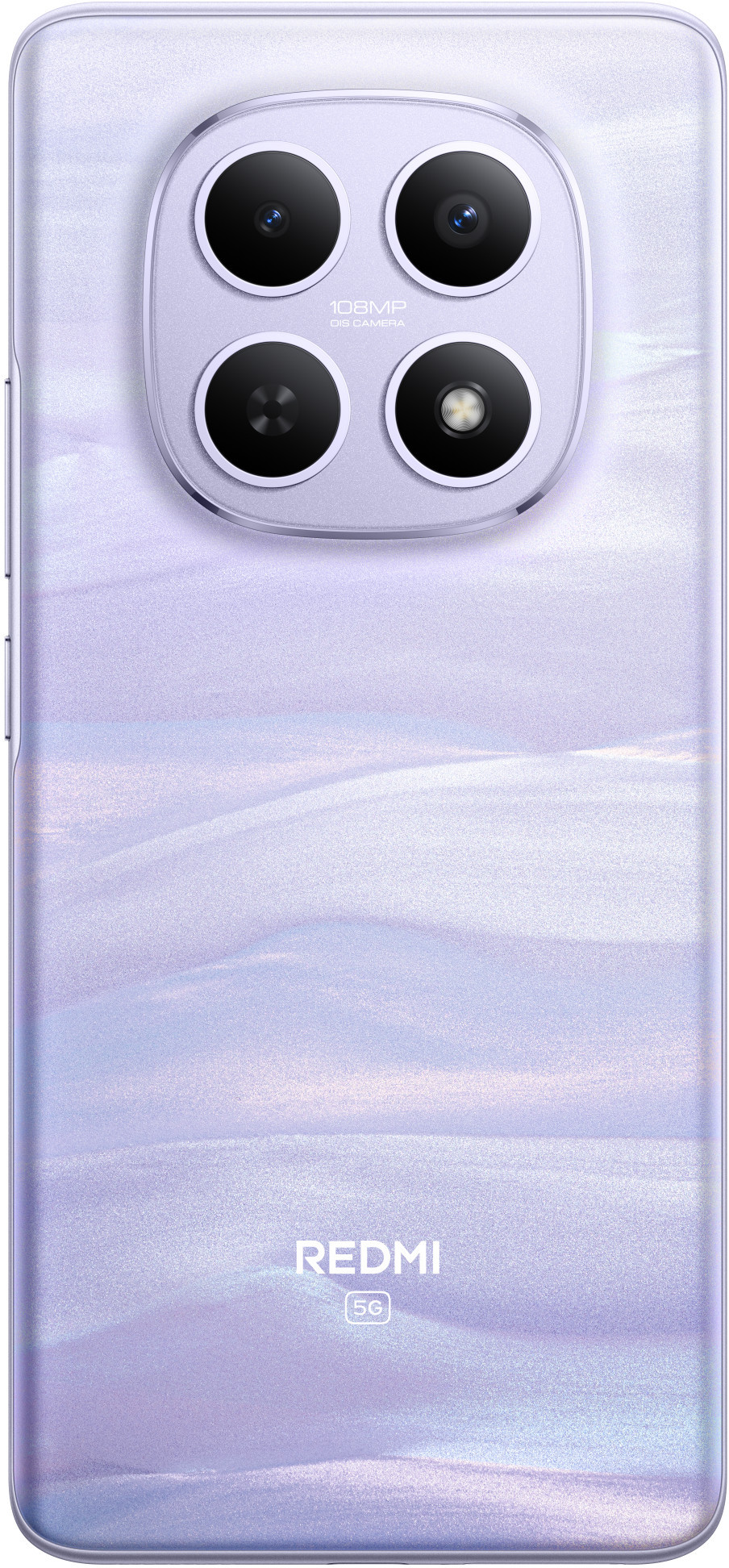 Tył telefonu Redmi z czterema obiektywami i logo 5G. Telefon ma fioletowy gradient z logo Redmi.