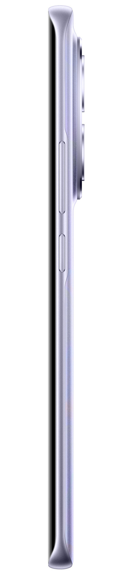 Widok z boku srebrnego smartfona. Przyciski zasilania i głośności po lewej. Obiektywy aparatu po prawej.