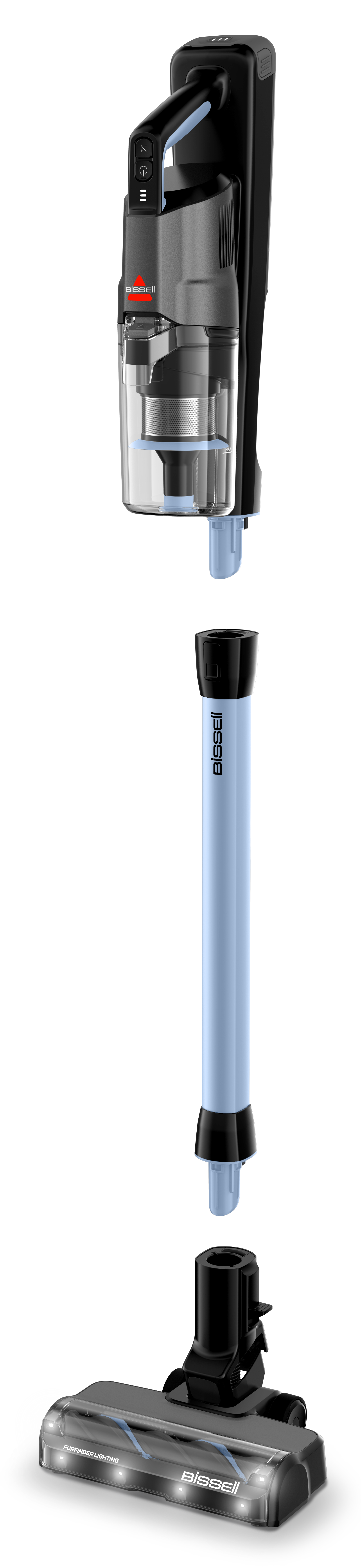 Widok rozłożony czarnego i niebieskiego odkurzacza Bissell, pokazujący oddzielone elementy na czarnym tle.