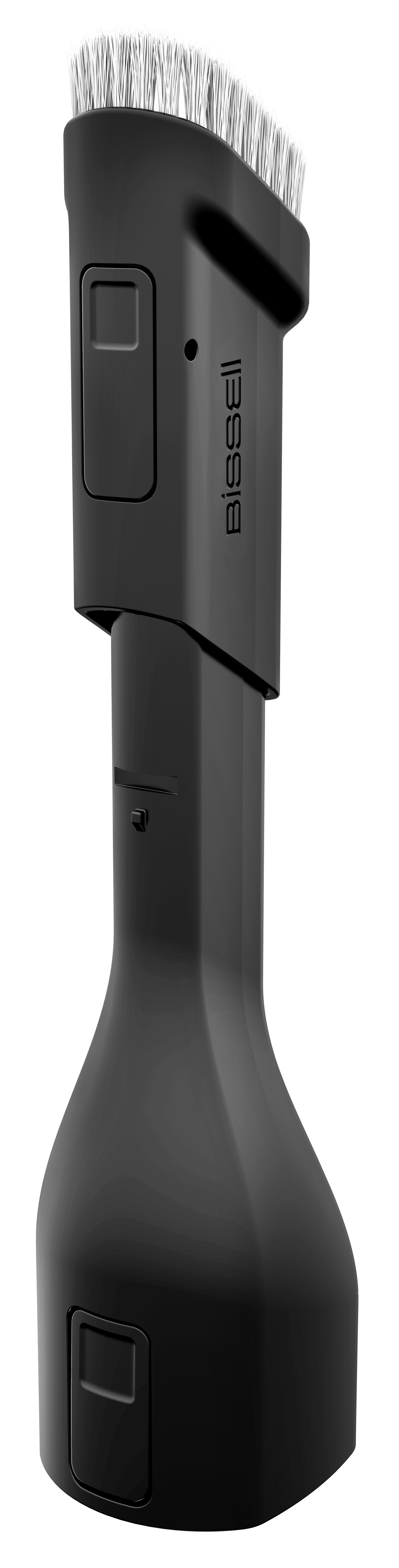 Czarny osprzęt do odkurzacza Bissell. Ma szczotkę z białym włosiem. Korpus ma kilka przycisków.