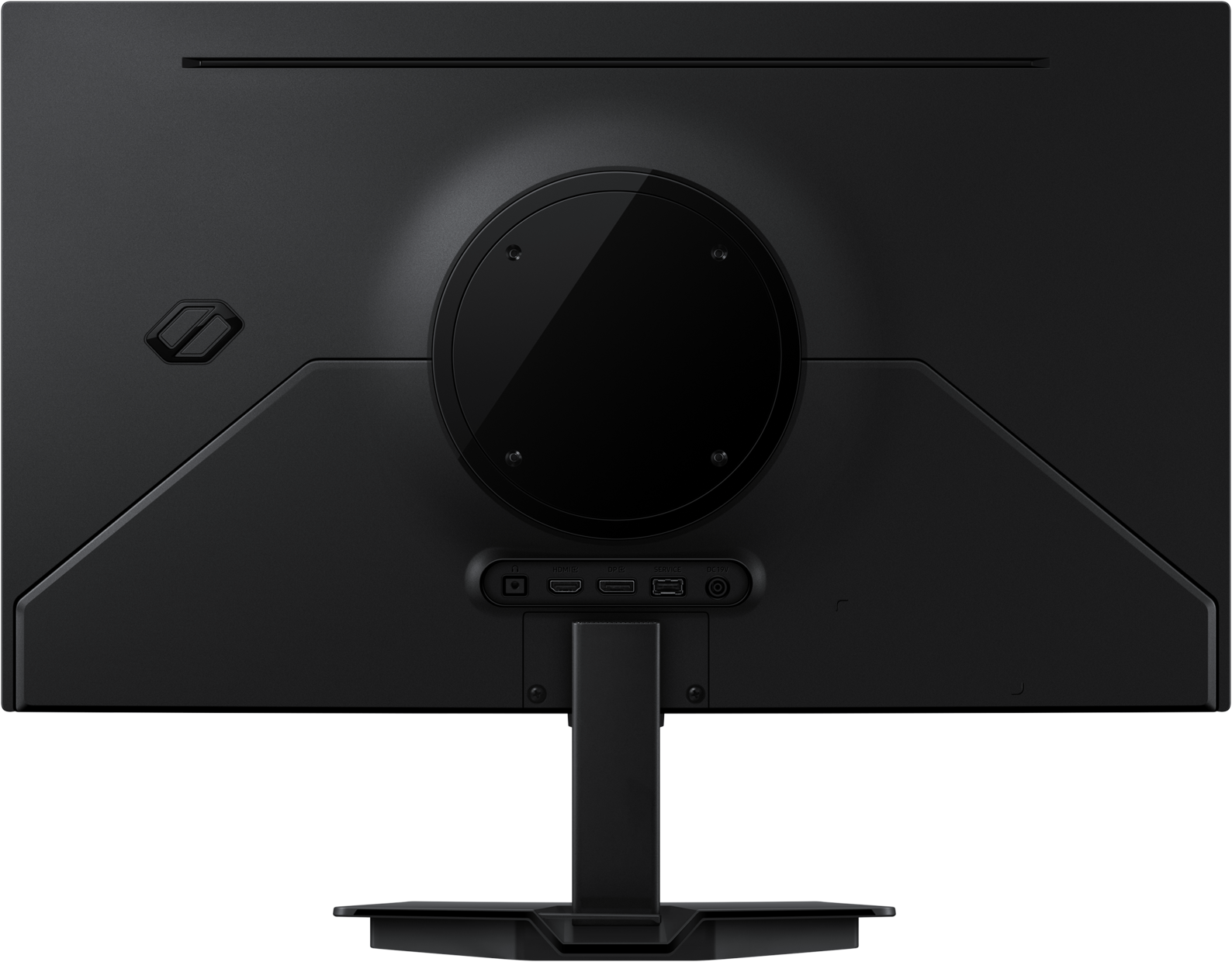 L'arrière d'un moniteur noir. Il possède une caractéristique centrale ronde et divers ports en bas, dont HDMI et USB.